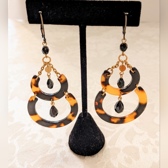 Tortoise Shell Chandalier Earrings Black Onyx Drops Statement Lever back pierce - Picture 2 of 2